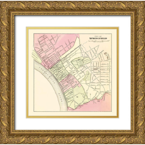 Springfield Massachusetts - Walling 1871 Gold Ornate Wood Framed Art Print with Double Matting by Walling