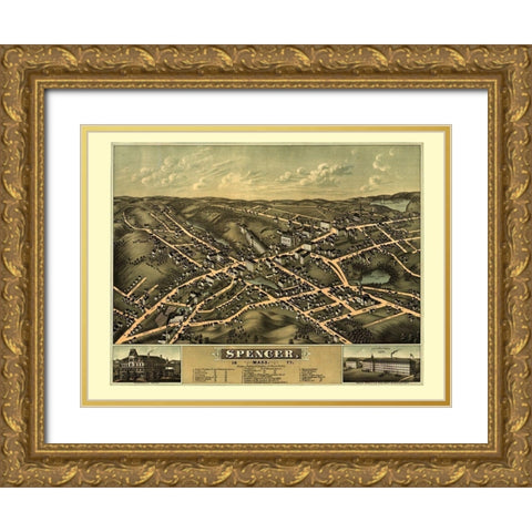Spencer Massachusetts - Bailey 1877  Gold Ornate Wood Framed Art Print with Double Matting by Bailey