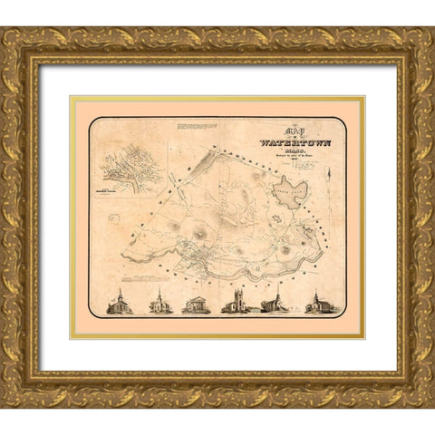 Watertown Massachusetts - Whiting 1850 Gold Ornate Wood Framed Art Print with Double Matting by Whiting