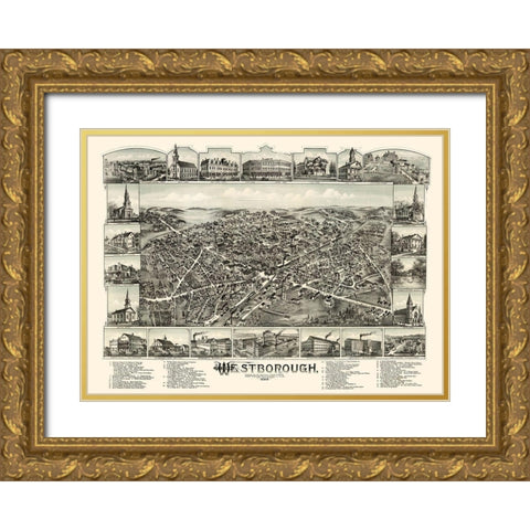 Westborough Massachusetts - Bailey 1888 Gold Ornate Wood Framed Art Print with Double Matting by Bailey