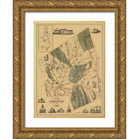 Worcester County Massachusetts - Stebbins 1833 Gold Ornate Wood Framed Art Print with Double Matting by Stebbins