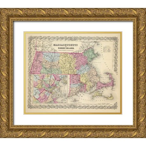 Massachusetts - Colton 1856 Gold Ornate Wood Framed Art Print with Double Matting by Colton
