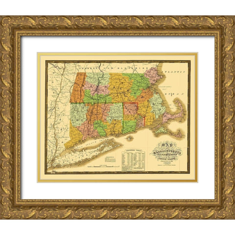 Massachusetts, Connecticut, Rhode Island 1831 Gold Ornate Wood Framed Art Print with Double Matting by Mitchell
