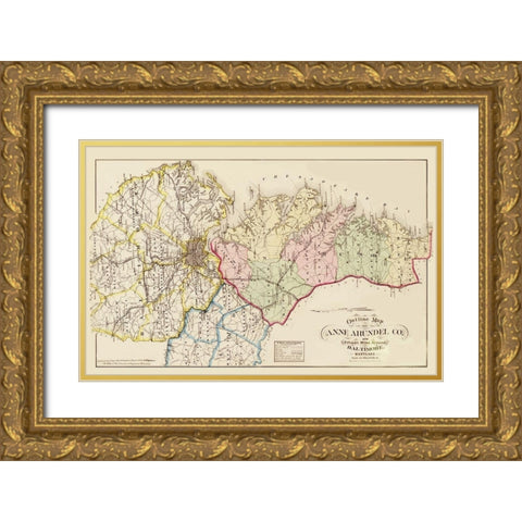 Anne Arundel  Baltimore Maryland - Hopkins 1878 Gold Ornate Wood Framed Art Print with Double Matting by Hopkins
