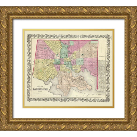 Baltimore Maryland - Colton 1856 Gold Ornate Wood Framed Art Print with Double Matting by Colton