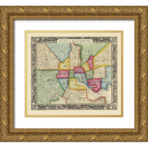 Baltimore Maryland - Mitchell 1867 Gold Ornate Wood Framed Art Print with Double Matting by Mitchell