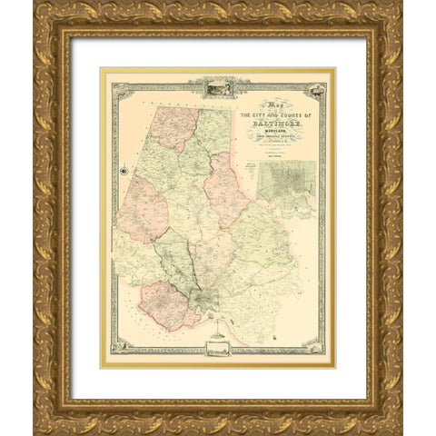 Baltimore Maryland - Sidney 1850 Gold Ornate Wood Framed Art Print with Double Matting by Sidney