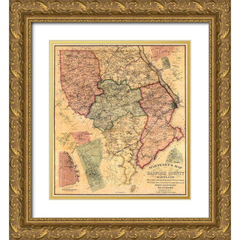 Harford Maryland Landowner - Martenet 1878 Gold Ornate Wood Framed Art Print with Double Matting by Martenet