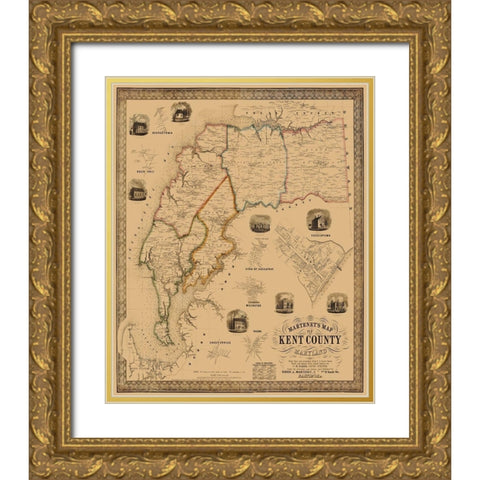 Kent Maryland Landowner - Martenet 1860 Gold Ornate Wood Framed Art Print with Double Matting by Martenet