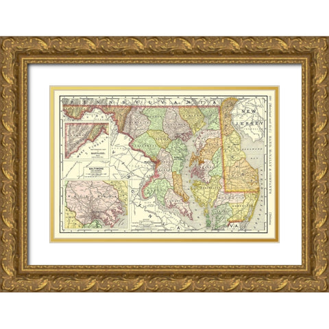Maryland, Delaware - Rand McNally 1893 Gold Ornate Wood Framed Art Print with Double Matting by Rand McNally