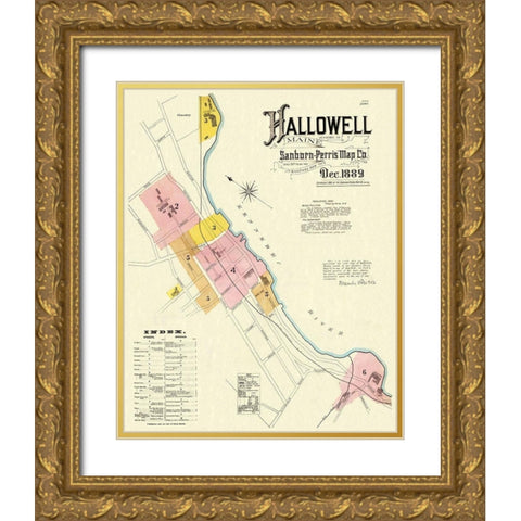 Hallowell Maine - Sanborn 1889 Gold Ornate Wood Framed Art Print with Double Matting by Sanborn