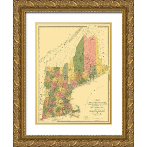 Maine and Surrounding States - Arrowsmith 1839 Gold Ornate Wood Framed Art Print with Double Matting by Arrowsmith