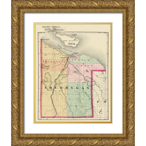 Cheboygan Michigan - Walling 1873 Gold Ornate Wood Framed Art Print with Double Matting by Walling