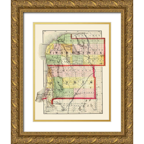 Charlevoix  Antrim Michigan - Walling 1873 Gold Ornate Wood Framed Art Print with Double Matting by Walling