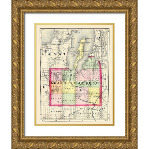 Grand Traverse Michigan - Walling 1873 Gold Ornate Wood Framed Art Print with Double Matting by Walling