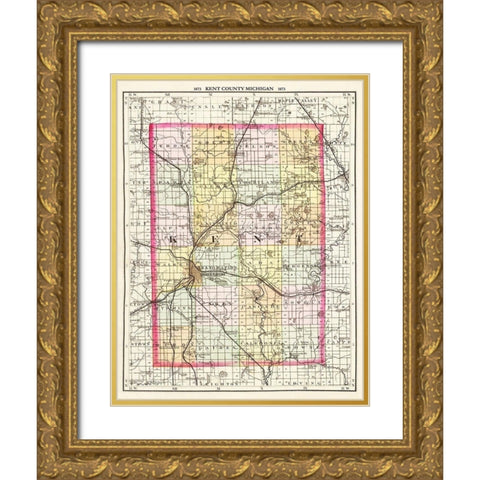 Kent Michigan - Walling 1873 Gold Ornate Wood Framed Art Print with Double Matting by Walling