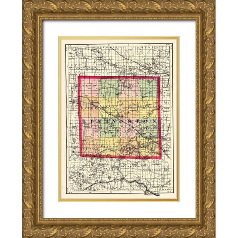Livingston Michigan - Walling 1873 Gold Ornate Wood Framed Art Print with Double Matting by Walling