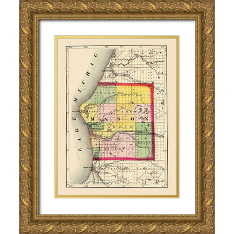 Mason Michigan - Walling 1873 Gold Ornate Wood Framed Art Print with Double Matting by Walling