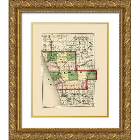 Muskegon Michigan - Walling 1873 Gold Ornate Wood Framed Art Print with Double Matting by Walling