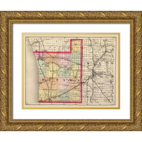 Ottawa Michigan - Walling 1873 Gold Ornate Wood Framed Art Print with Double Matting by Walling