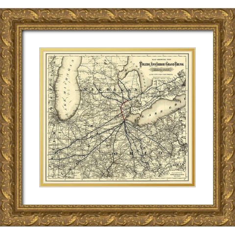 Toledo, Ann Arbor and Grand Trunk Railway 1881 Gold Ornate Wood Framed Art Print with Double Matting by Colton
