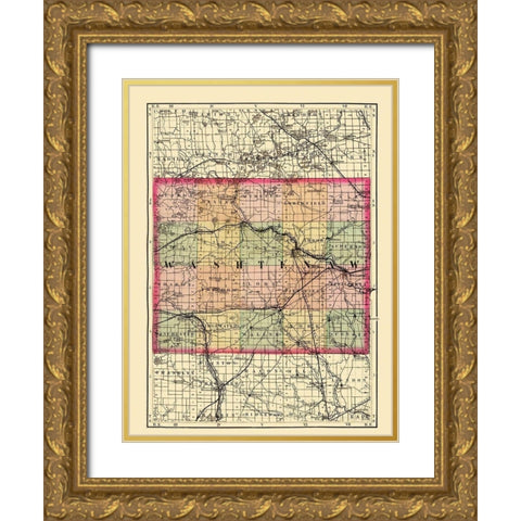 Washtenaw Michigan - Walling 1873 Gold Ornate Wood Framed Art Print with Double Matting by Walling