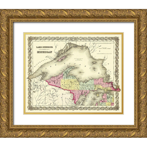 Michigan Upper Peninsula - 1855 Gold Ornate Wood Framed Art Print with Double Matting by Colton