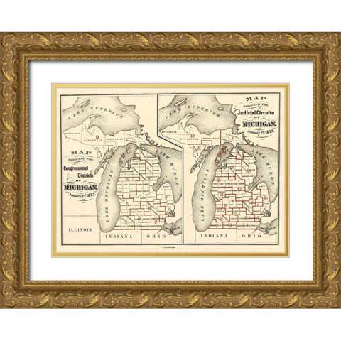Michigan Congressional Districts, JC Gold Ornate Wood Framed Art Print with Double Matting by Calvert