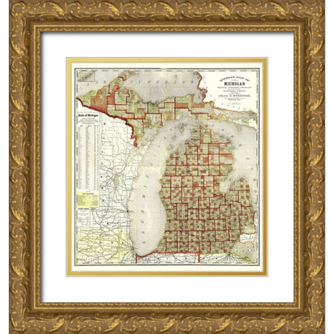 Michigan - Cram 1885 Gold Ornate Wood Framed Art Print with Double Matting by Cram