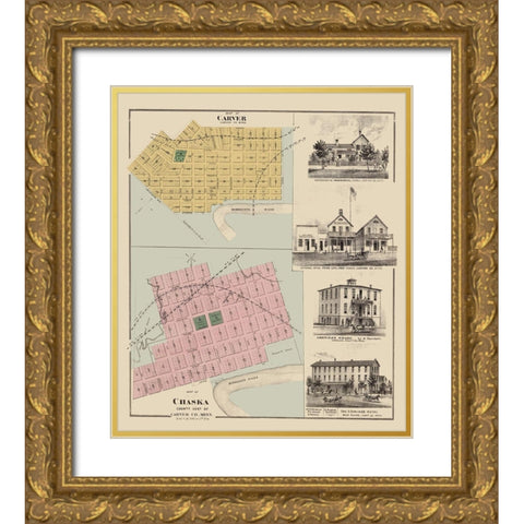 Carver, Chaska Minnesota - Andreas 1874 Gold Ornate Wood Framed Art Print with Double Matting by Andreas