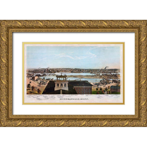 Minneapolis Minnesota - Shober 1874 Gold Ornate Wood Framed Art Print with Double Matting by Shober