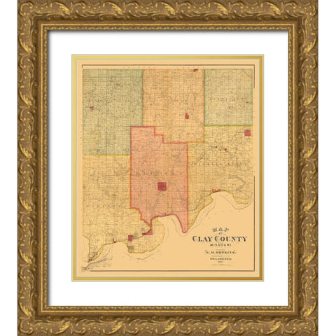 Clay County Missouri - Hopkins 1887  Gold Ornate Wood Framed Art Print with Double Matting by Hopkins