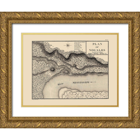 Nogales Mississippi - Collot 1796 Gold Ornate Wood Framed Art Print with Double Matting by Collot