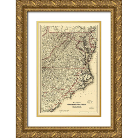 Norfolk, Wilmington and Charleston Railroad 1891 Gold Ornate Wood Framed Art Print with Double Matting by Colton