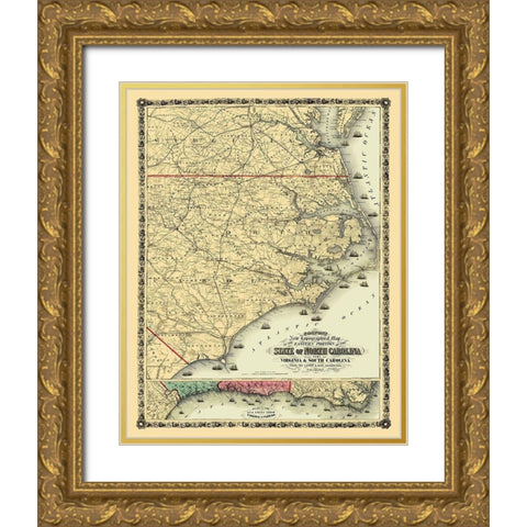North Carolina, Eastern Portion - Colton 1861 Gold Ornate Wood Framed Art Print with Double Matting by Colton