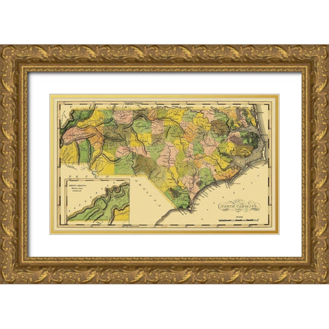 North Carolina - Lewis 1814 Gold Ornate Wood Framed Art Print with Double Matting by Lewis