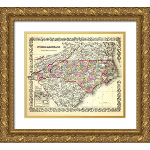 North Carolina - Colton 1856 Gold Ornate Wood Framed Art Print with Double Matting by Colton