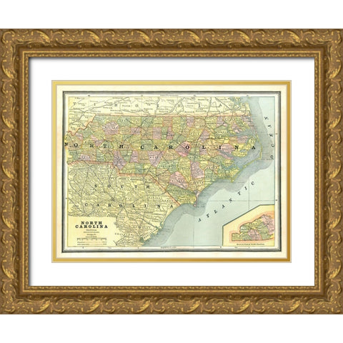 North Carolina - Cram 1886 Gold Ornate Wood Framed Art Print with Double Matting by Cram