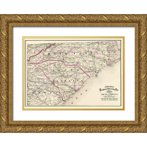 North Carolina, South Carolina - Cram 1875 Gold Ornate Wood Framed Art Print with Double Matting by Cram