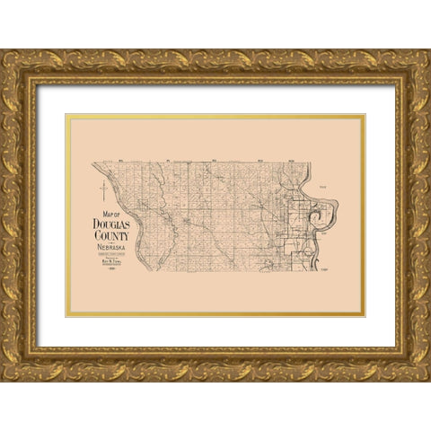 Douglas County Nebraska - Towl 1909  Gold Ornate Wood Framed Art Print with Double Matting by Towl