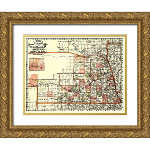 Nebraska - Cram 1879 Gold Ornate Wood Framed Art Print with Double Matting by Cram