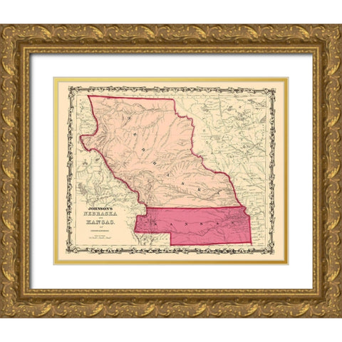 Nebraska, Kansas - Johnson 1860 Gold Ornate Wood Framed Art Print with Double Matting by Johnson