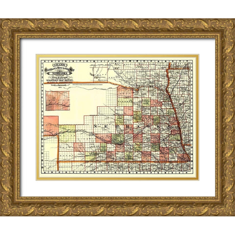 Nebraska Railroads and Townships - Cram 1879 Gold Ornate Wood Framed Art Print with Double Matting by Cram
