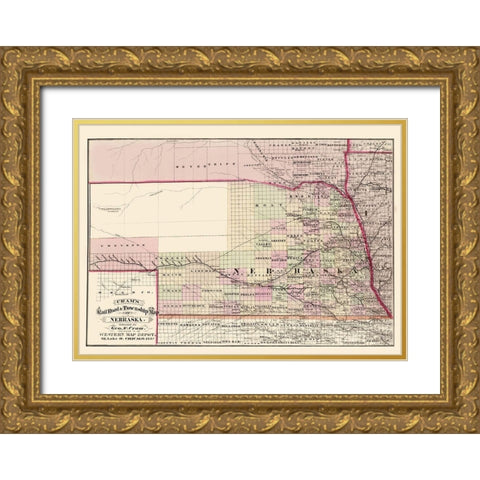 Nebraska Railroad and Townships - Cram 1875 Gold Ornate Wood Framed Art Print with Double Matting by Cram