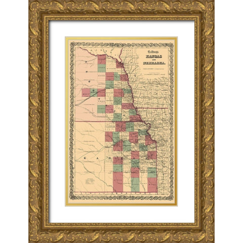 Nebraska, Kansas - Colton 1875 Gold Ornate Wood Framed Art Print with Double Matting by Colton