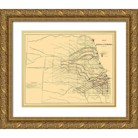 Kansas, Nebraska Railroads - LOC 1865 Gold Ornate Wood Framed Art Print with Double Matting by LOC
