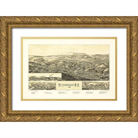 Peterborough New Hampshire - Burleigh 1886  Gold Ornate Wood Framed Art Print with Double Matting by Burleigh