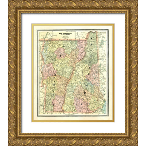 New Hampshire, Vermont - Cram 1886 Gold Ornate Wood Framed Art Print with Double Matting by Cram