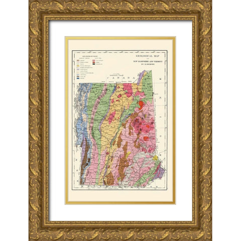 New Hampshire, Vermont Geological - Hitchcock 1877 Gold Ornate Wood Framed Art Print with Double Matting by Hitchcock