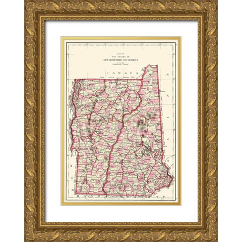 New Hampshire, Vermont - Hitchcock 1877 Gold Ornate Wood Framed Art Print with Double Matting by Hitchcock